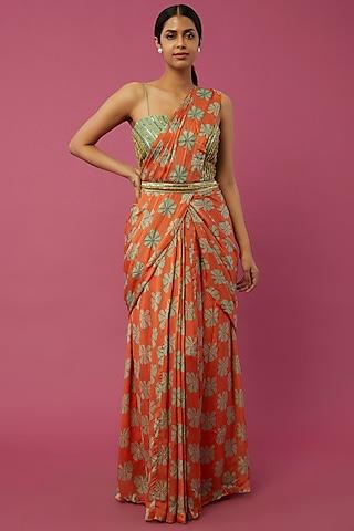 orange chinon chiffon printed ruffled saree set