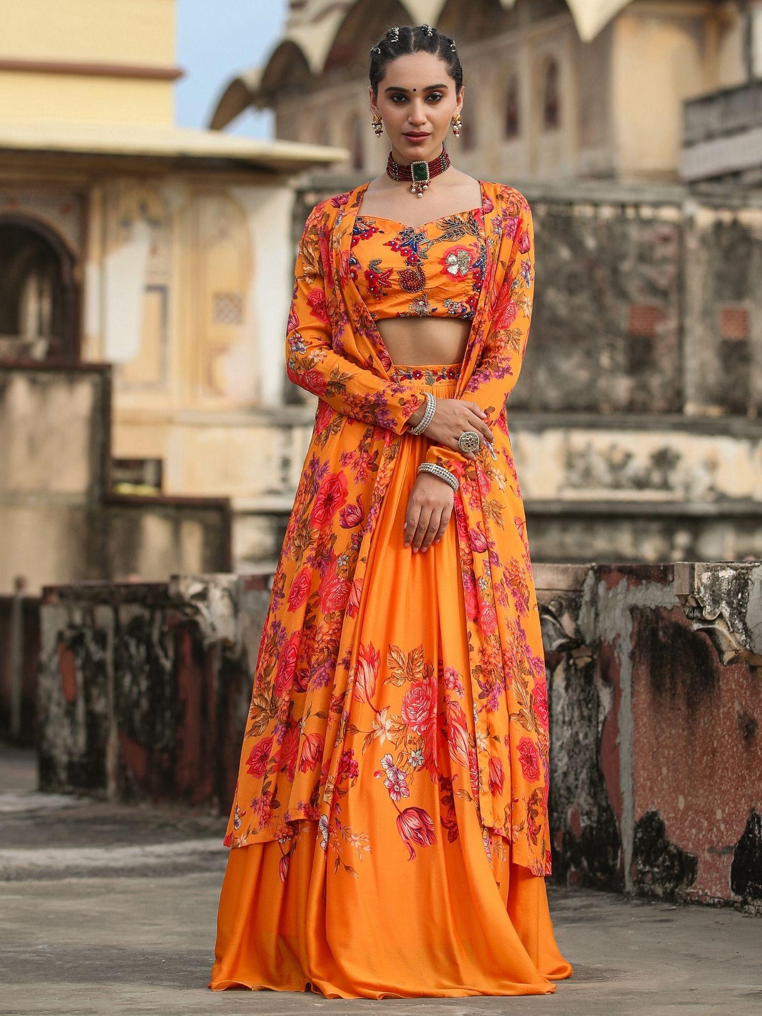 orange chinon silk floral print & embellished lehenga blouse with cape (set of 3)