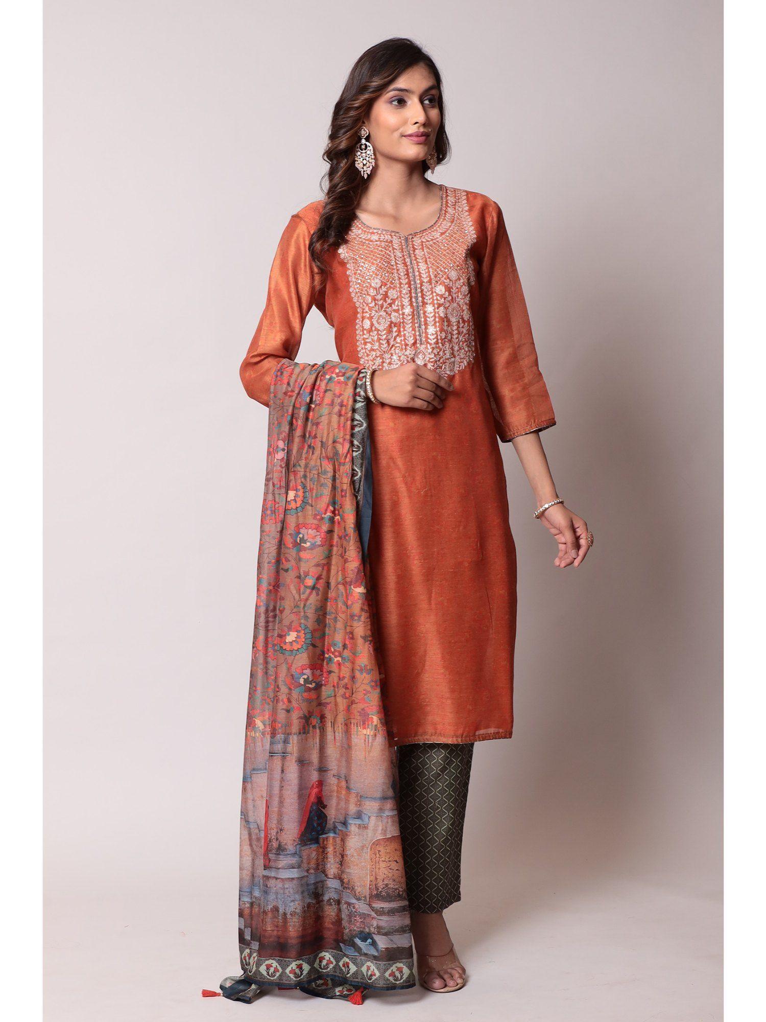 orange color suit stitched with chanderi fabric (set of 3)