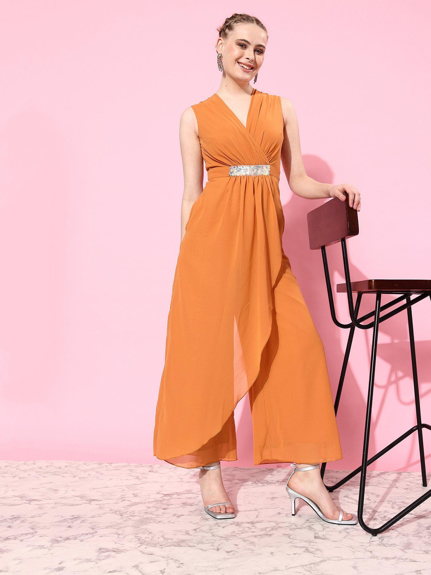 orange colored v-neck sleeveless embellished regular length jumpsuit