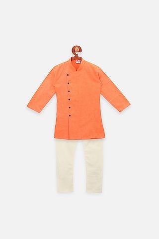 orange cotton angrakha kurta set for boys