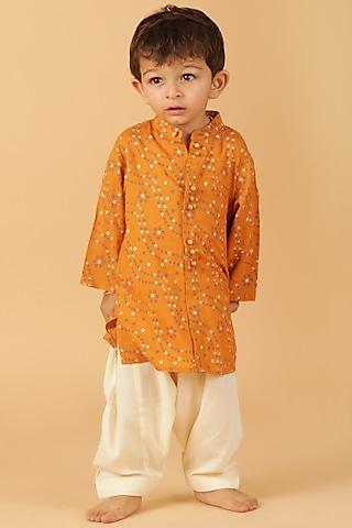 orange cotton bandhani printed kurta set for boys