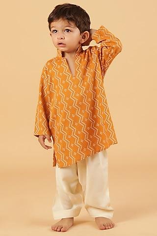 orange cotton bandhani printed kurta set for boys