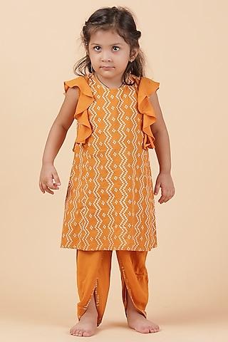 orange cotton bandhani printed kurta set for girls