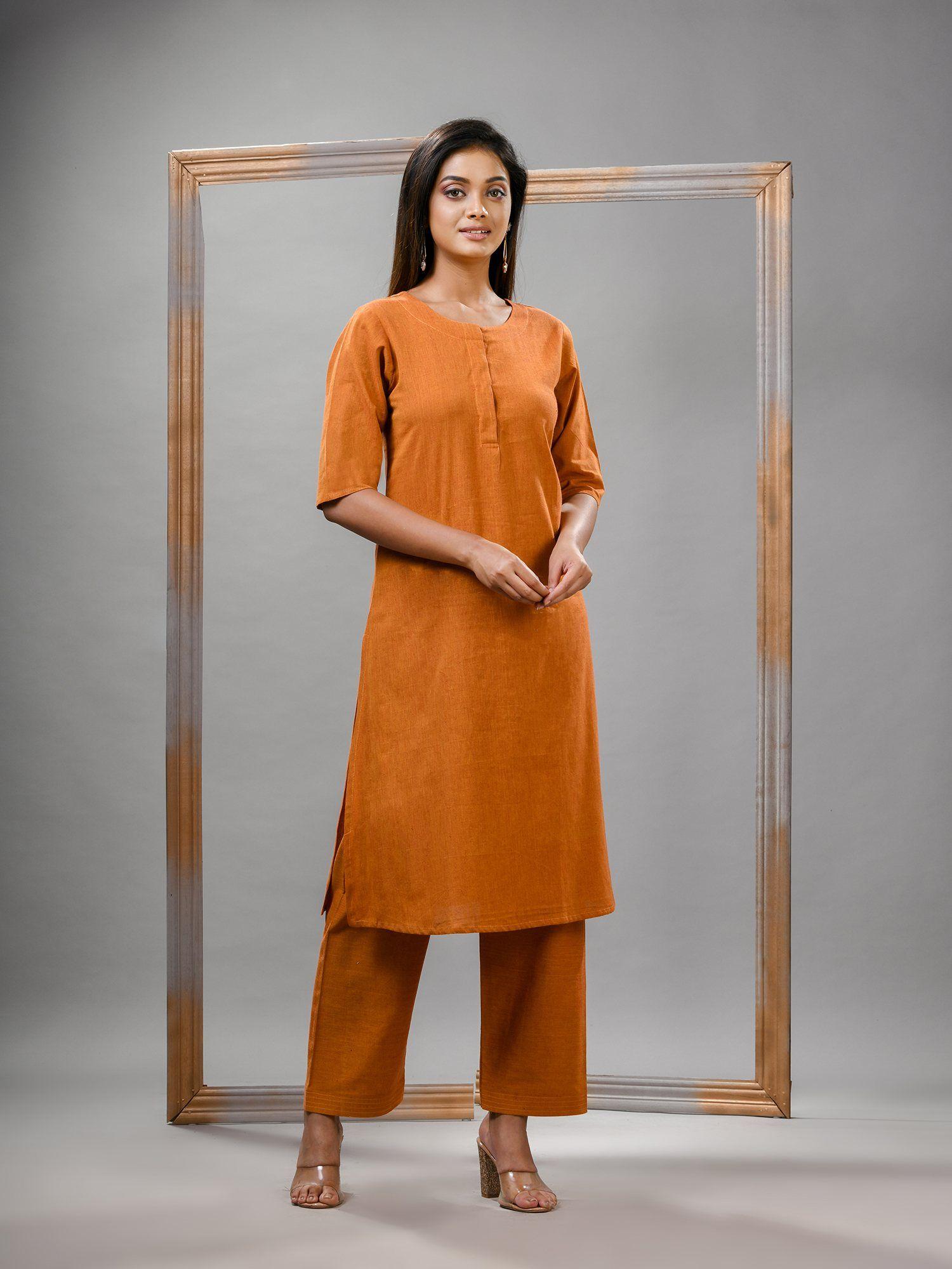 orange cotton bengal handwoven kurta (set of 2)