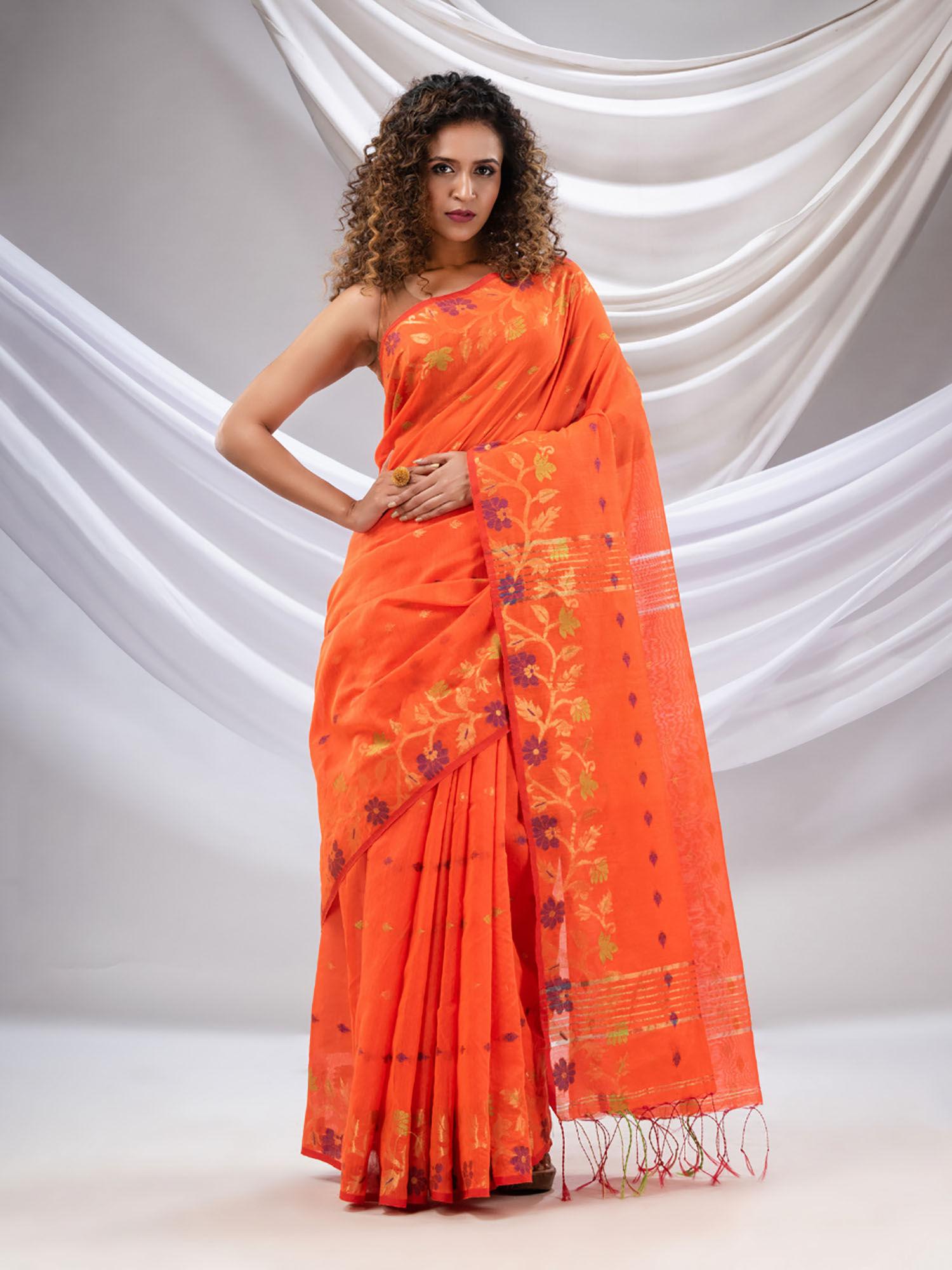 orange cotton blend handwoven saree with floral nakshi borders with unstitched blouse