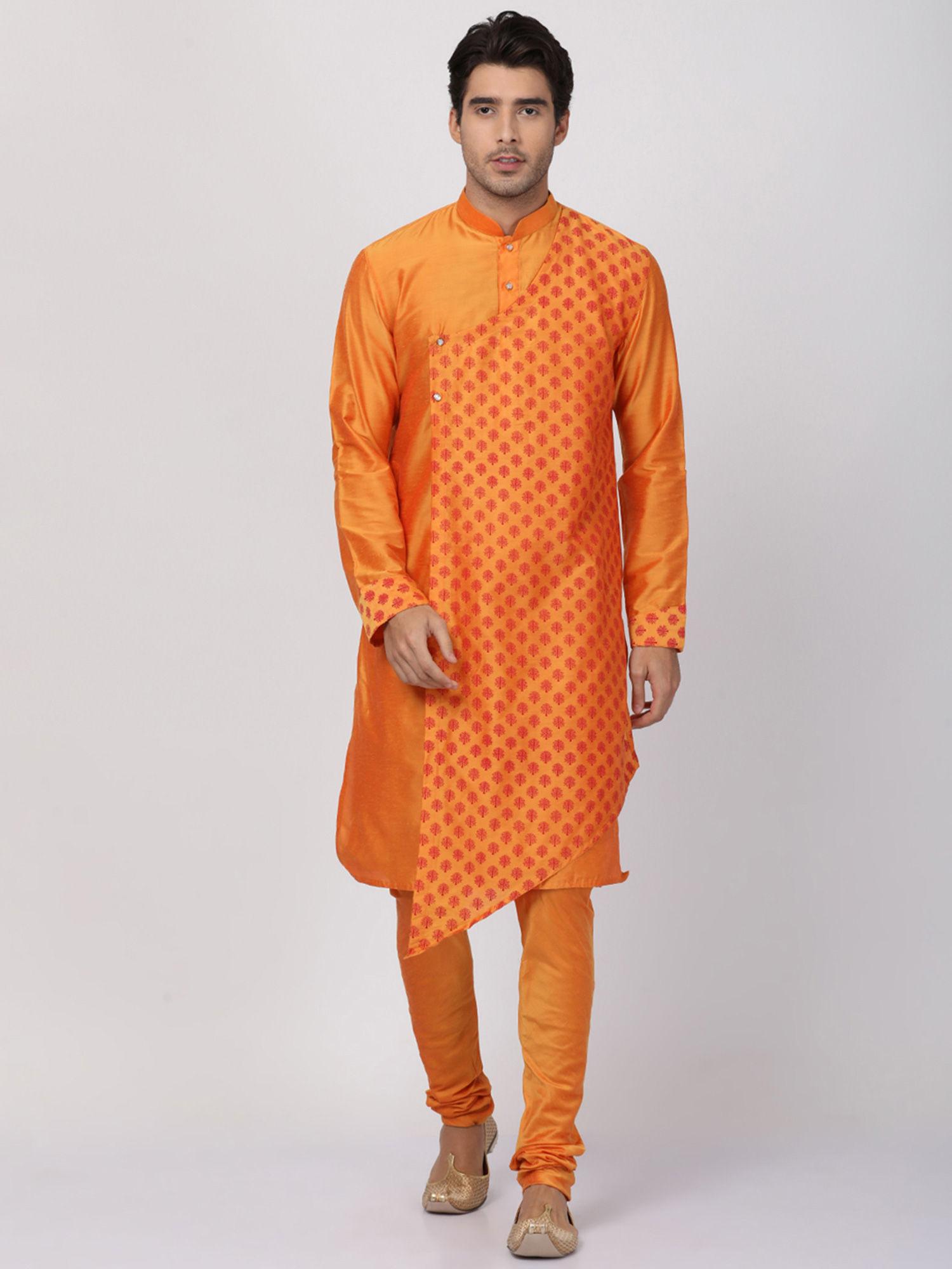 orange cotton blend kurta and churidar (set of 2)