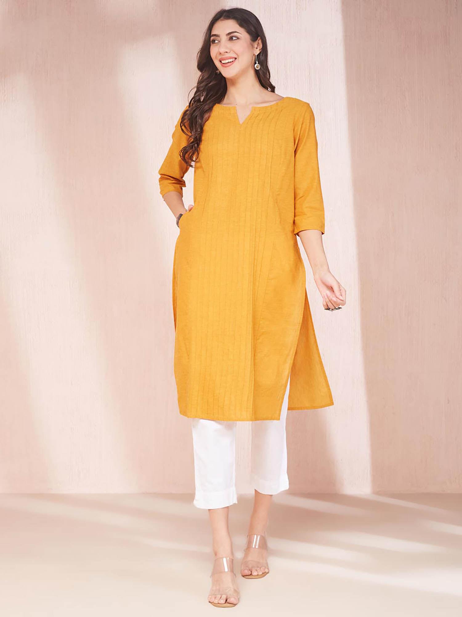 orange cotton calf length long kurta