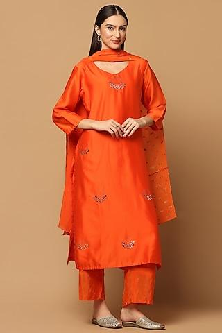 orange cotton chanderi embroidered kurta set