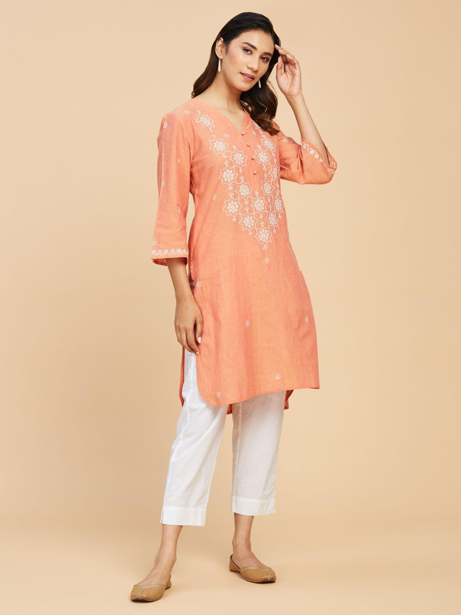 orange cotton chikankari knee length kurta