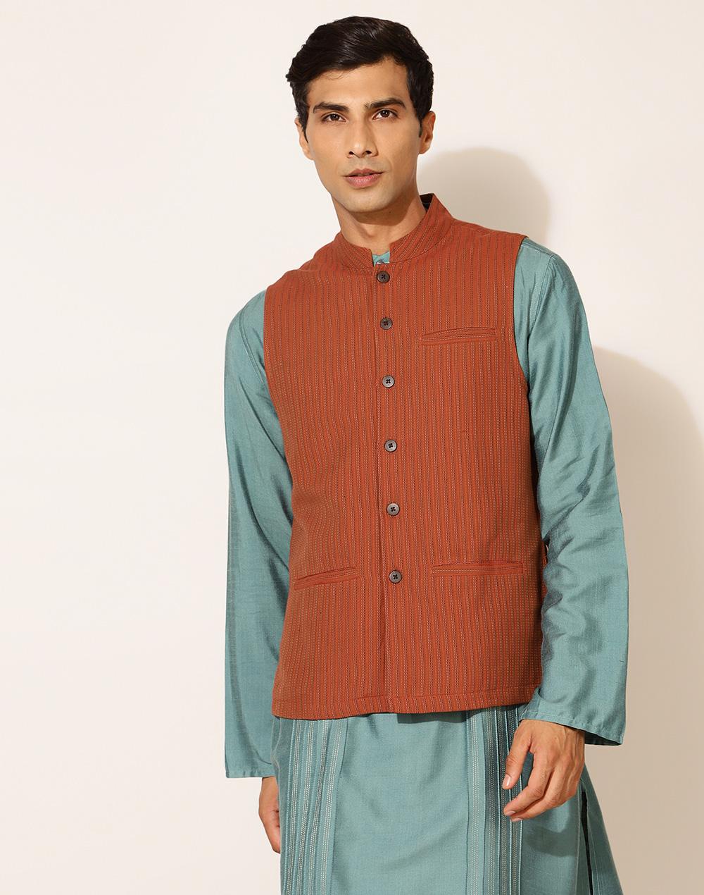 orange cotton dobby nehru jacket