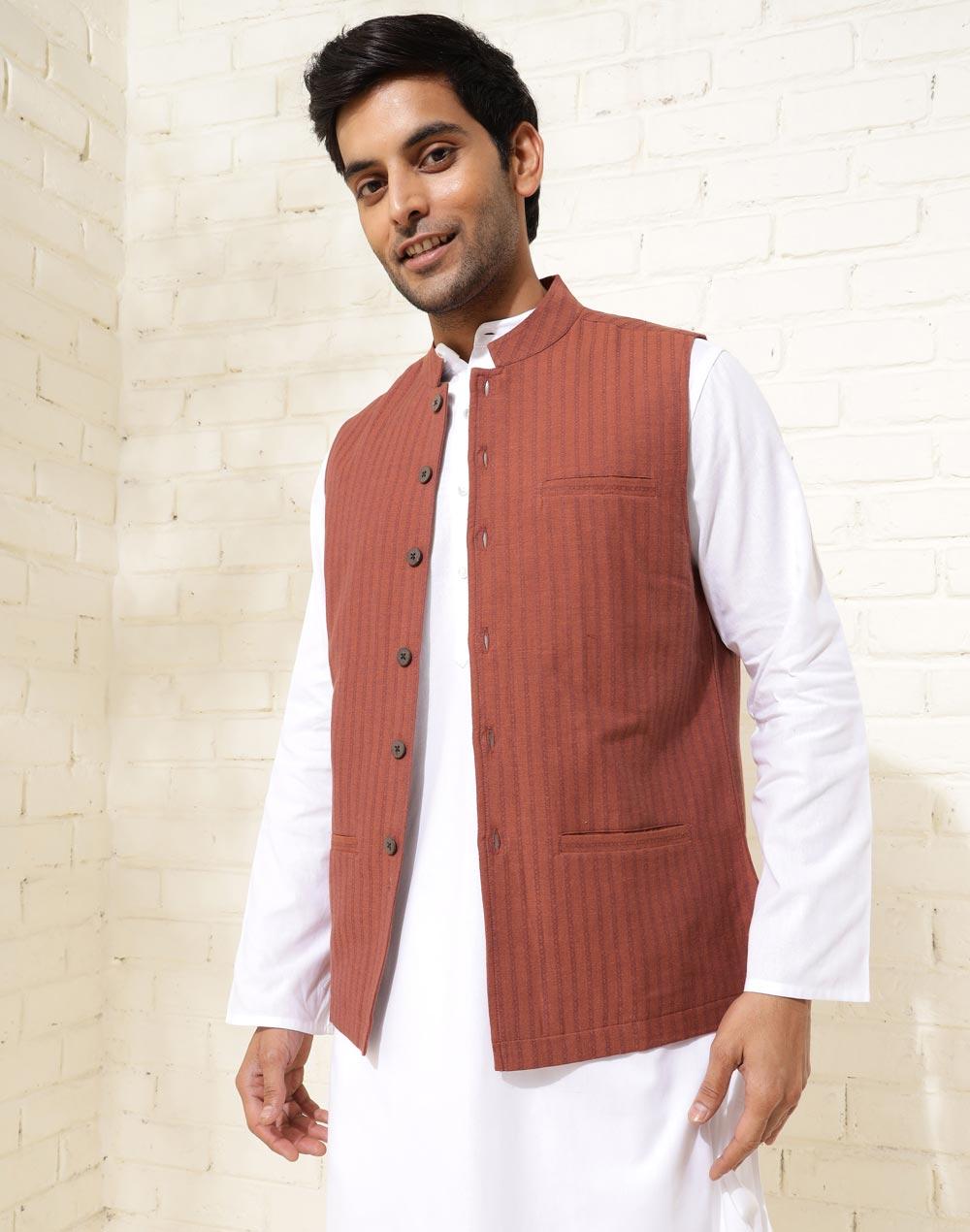 orange cotton dobby nehru jacket