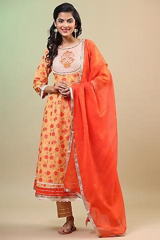 orange cotton embroidered anarkali set