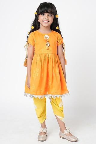 orange cotton embroidered kurta set for girls