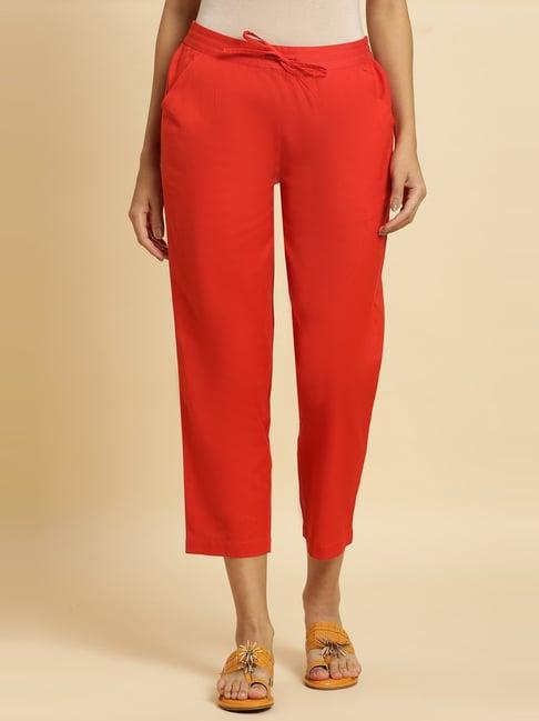 orange cotton flax solid slim pants