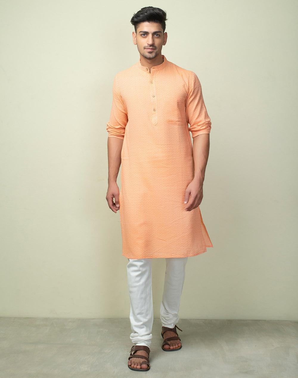 orange cotton geometric slim fit long kurta