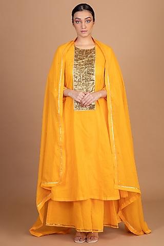 orange cotton gota embroidered a-line kalidar kurta set