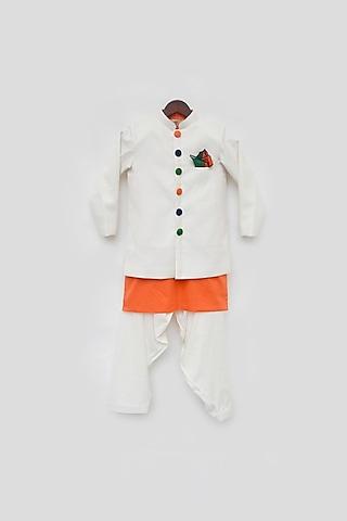 orange cotton kurta set with off white jacket for boys