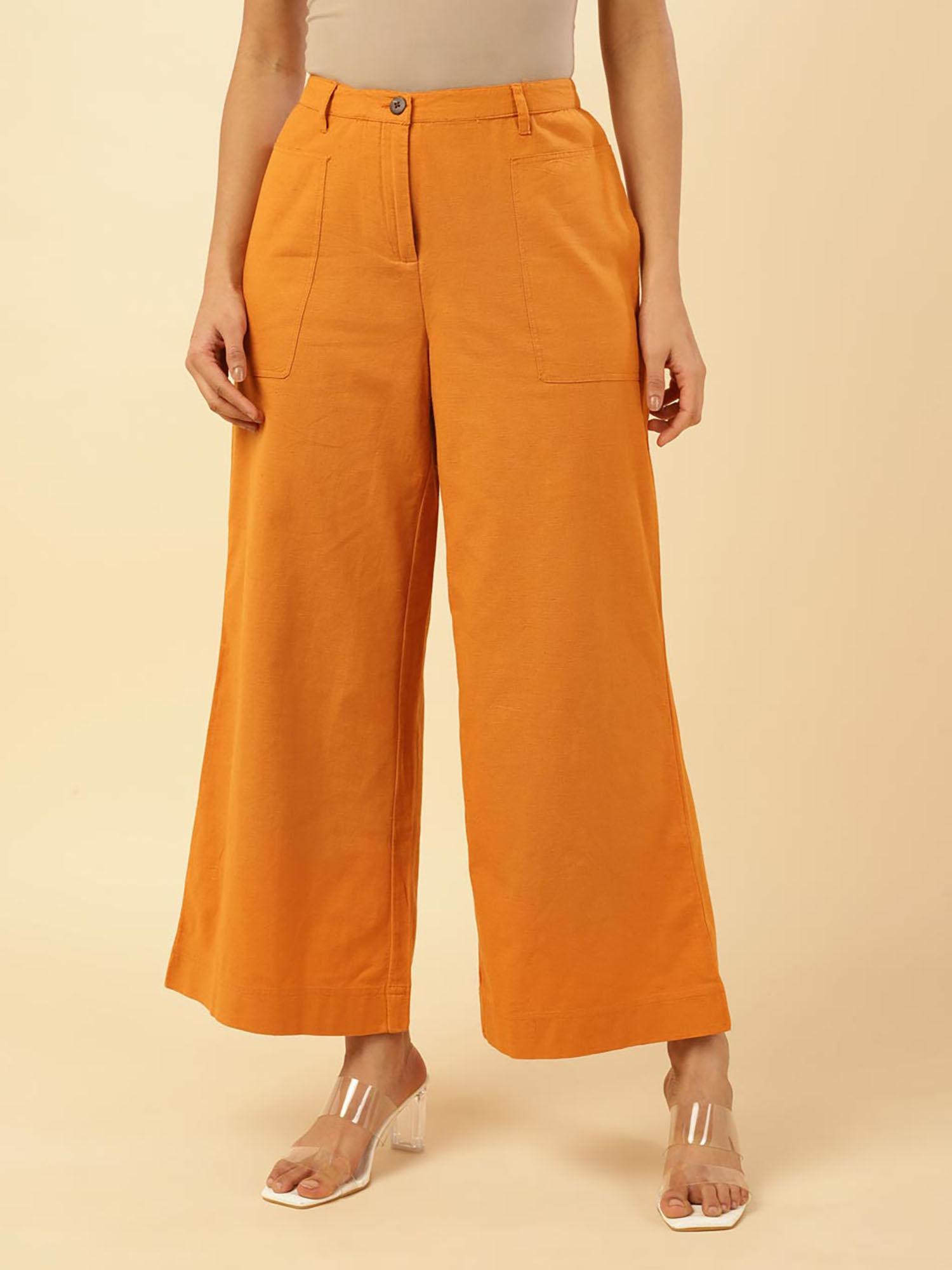 orange cotton linen straight fit casual pants