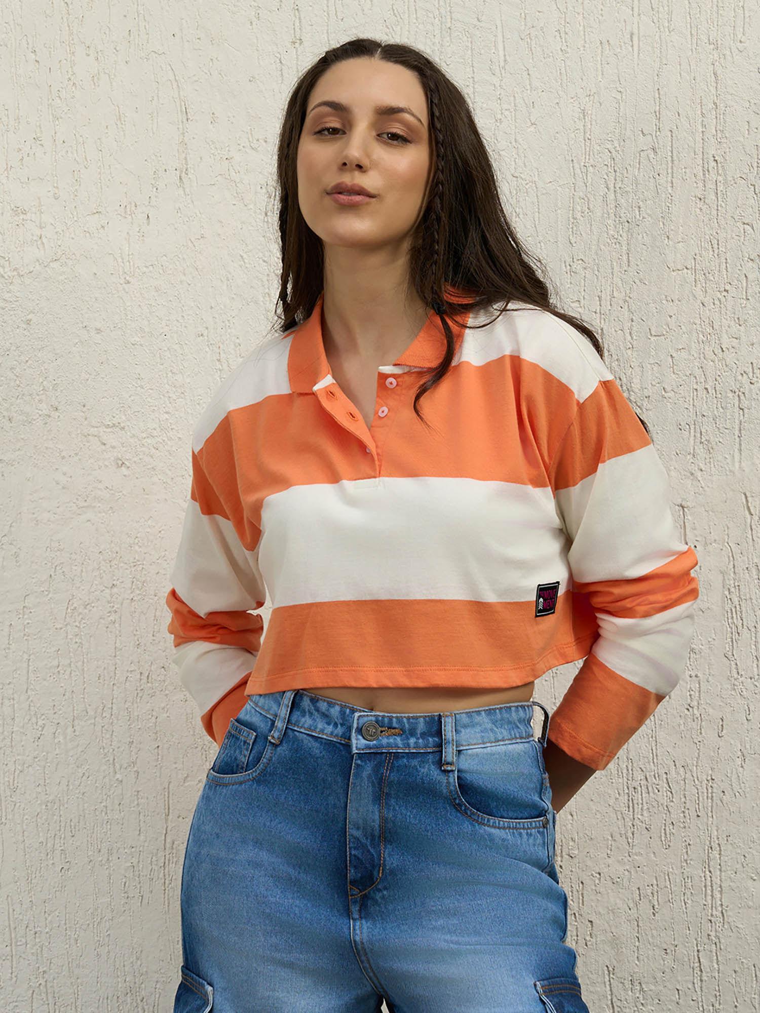 orange cotton long sleeves crop polo collar striped boxy t-shirt