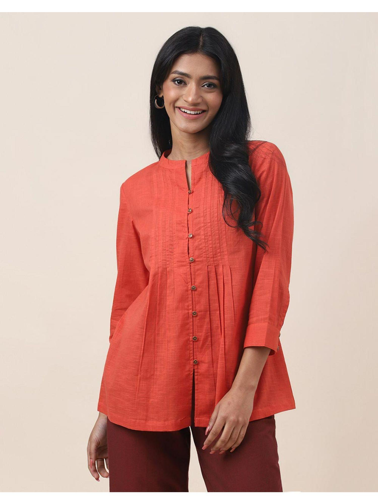 orange cotton pintucks tunic