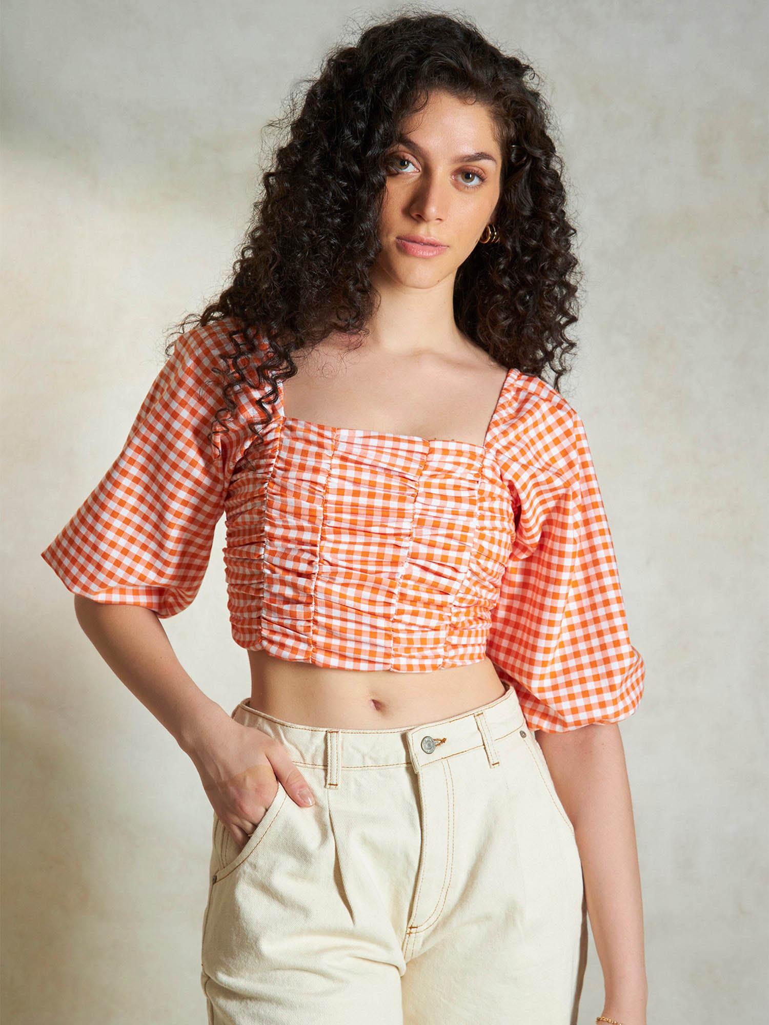 orange cotton pleated detail crop top