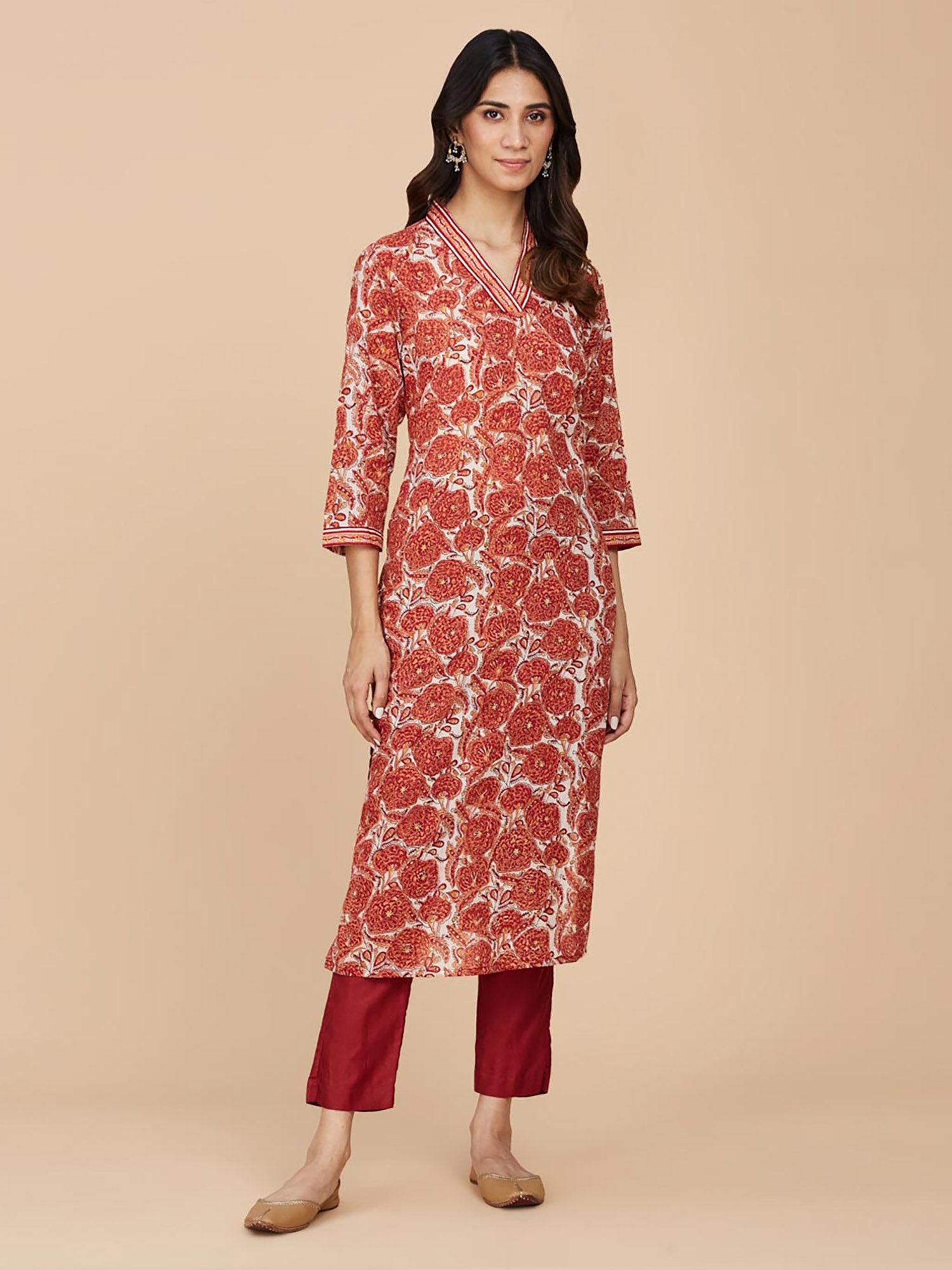 orange cotton printed long kurta