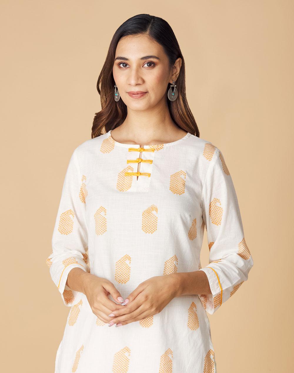 orange cotton printed short kurta