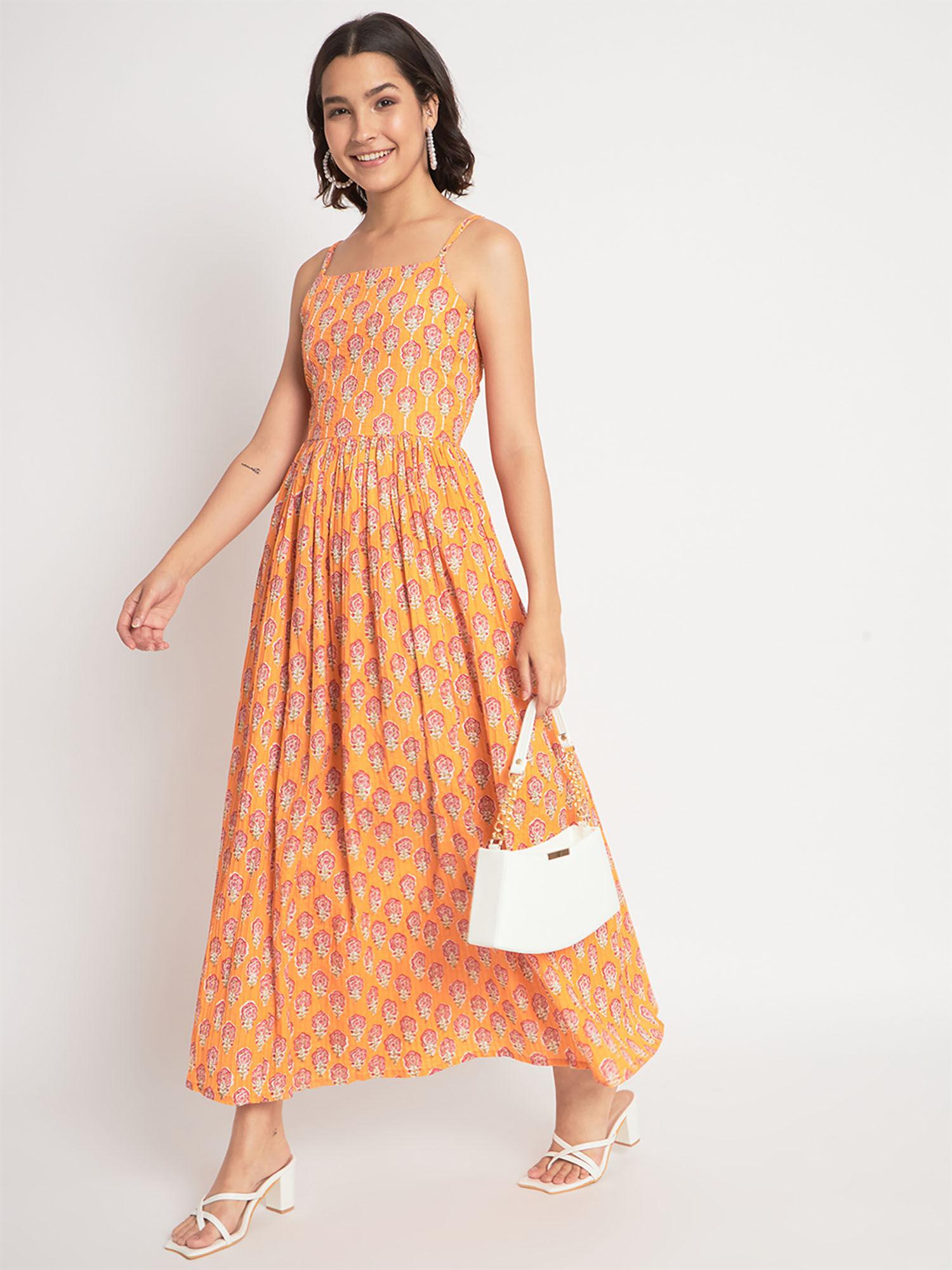 orange cotton printed stitched maxi dress