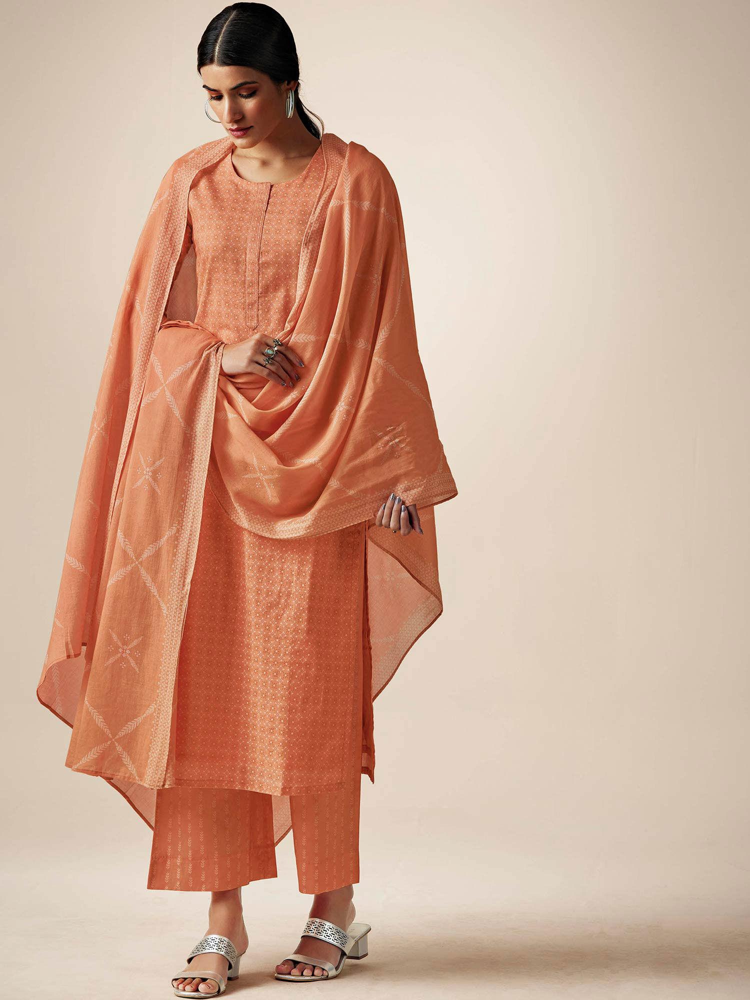 orange cotton printed suit with mal cotton dupatta (set of 3)