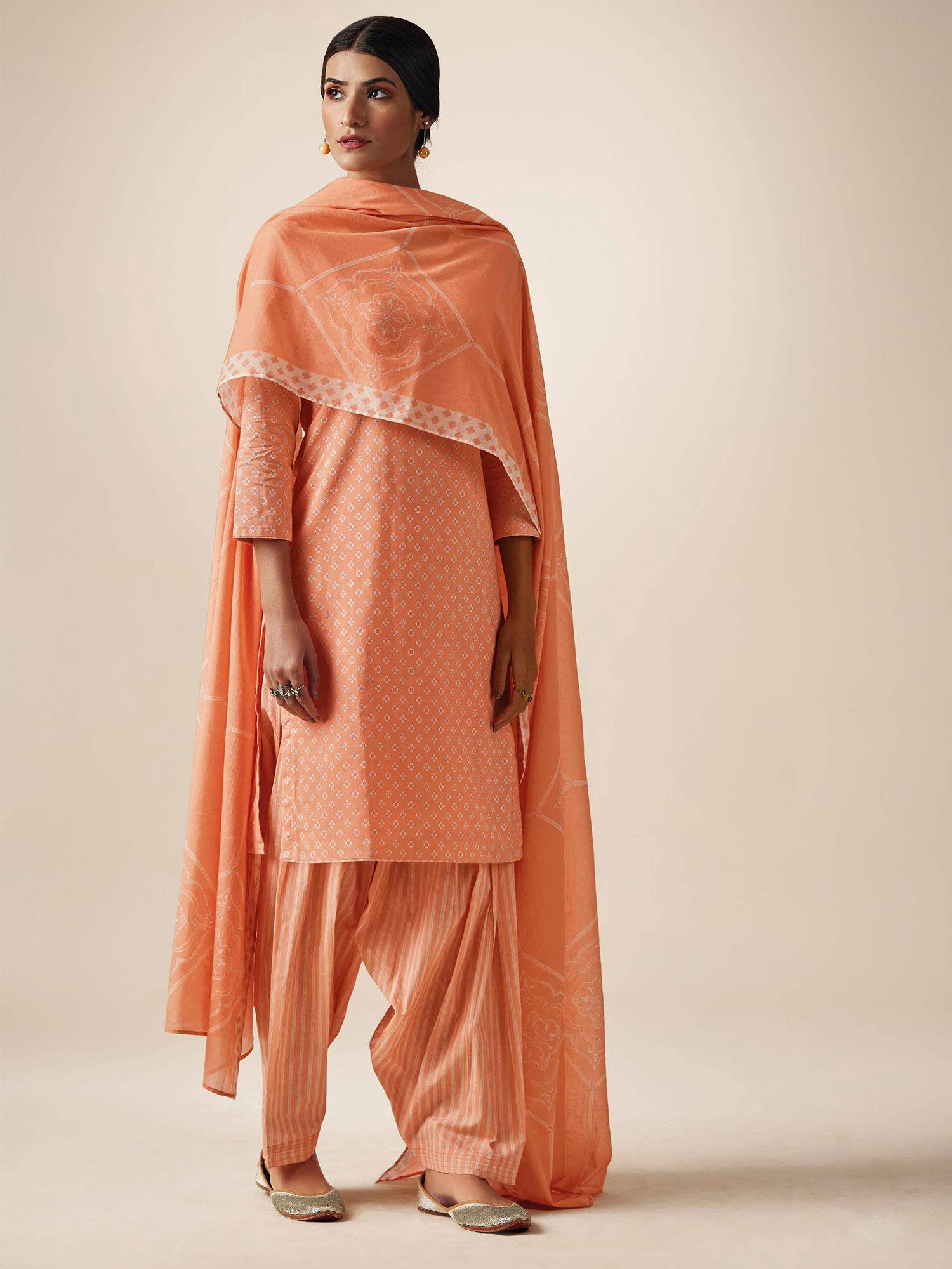 orange cotton printed suit with mal cotton dupatta (set of 3)