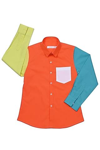 orange cotton satin color block shirt for boys