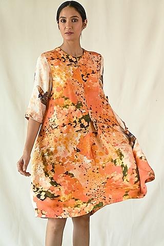orange cotton satin printed & embroidered dress