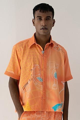orange cotton satin printed oversized shirt