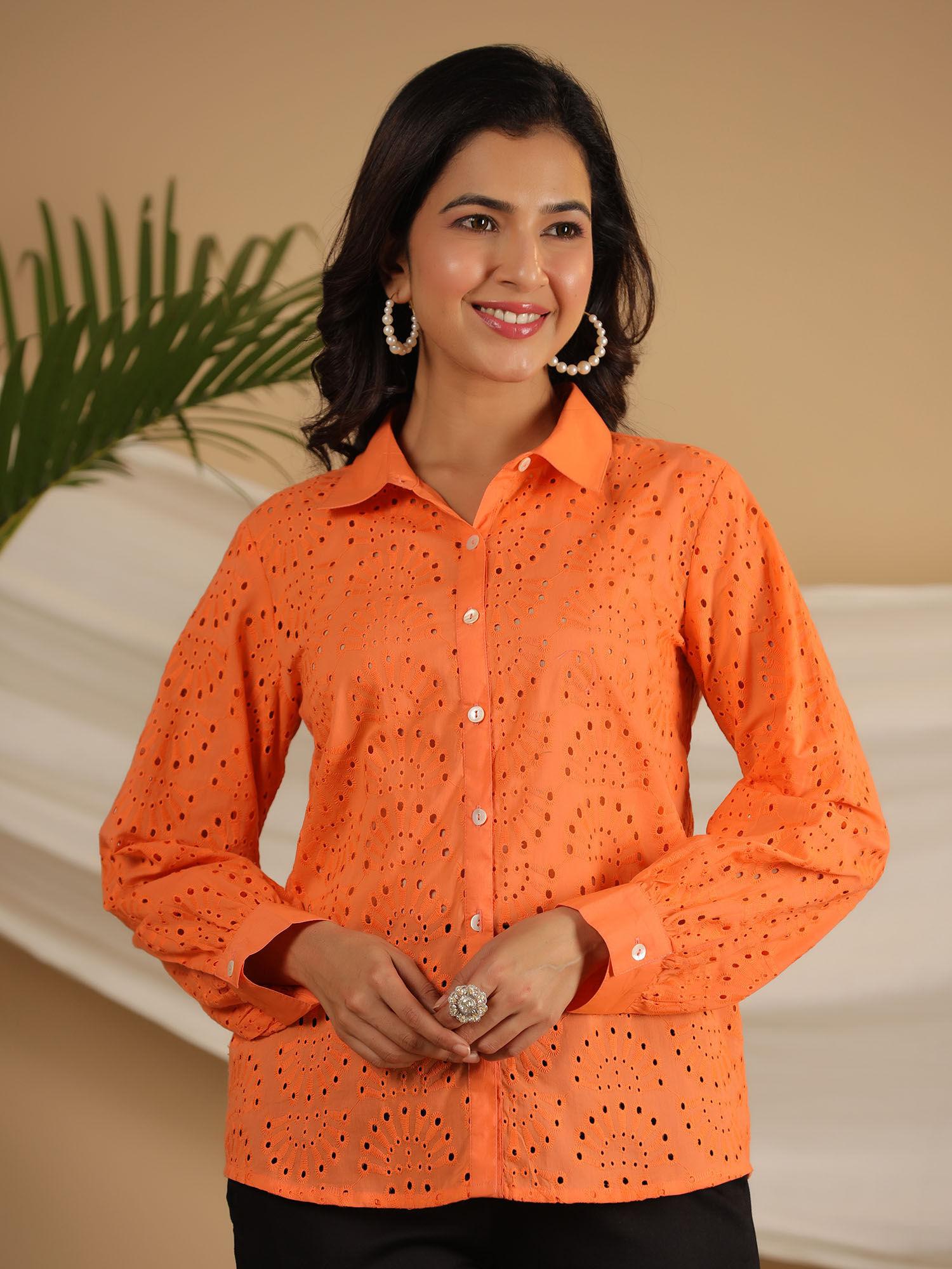 orange cotton schiffli women solid shirt with broad cuff