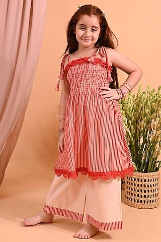 orange cotton silk & cotton poplin printed kurta set for girls