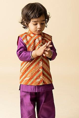 orange cotton silk & cotton voile embroidered nehru jacket set for boys