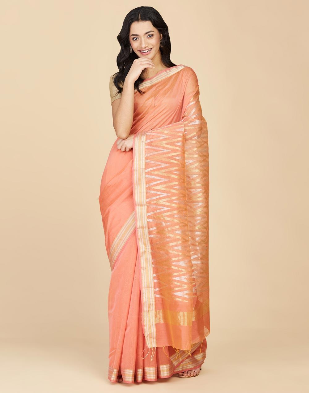 orange cotton silk blend chanderi  sari