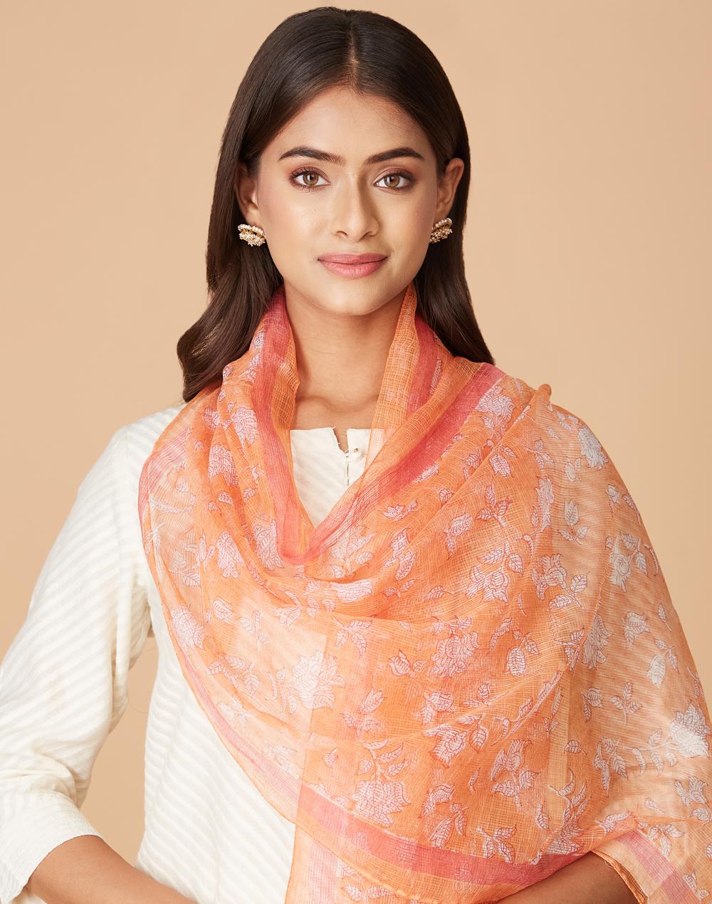 orange cotton silk hand block printed stole