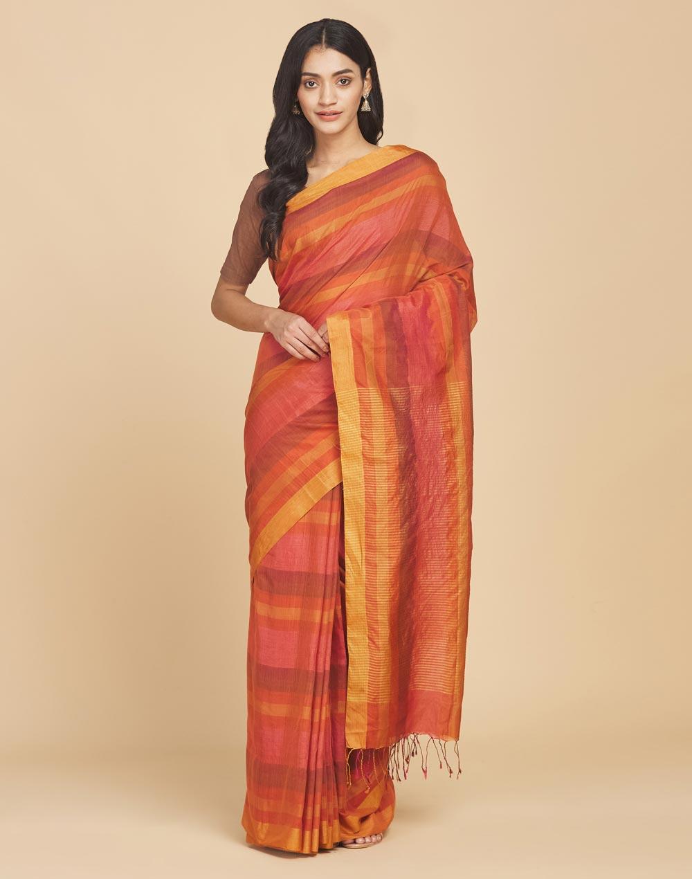 orange cotton silk hand woven sari