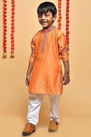 orange cotton silk kurta set for boys