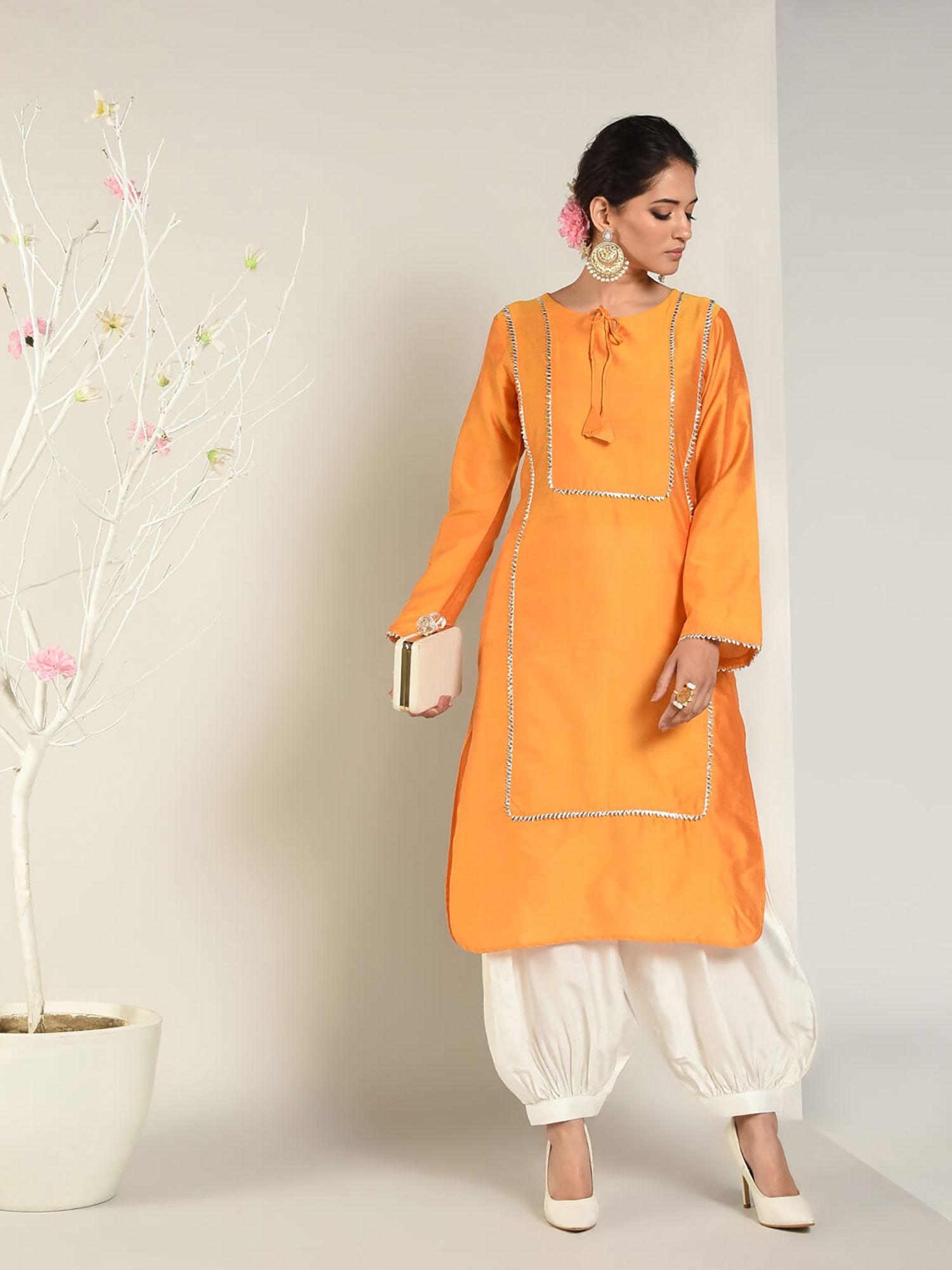 orange cotton silk pathani front lace panels kurta