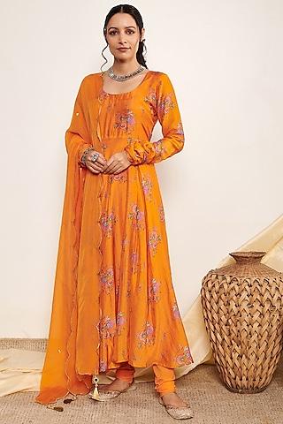 orange cotton silk printed anarkali set