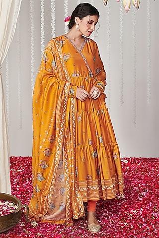 orange cotton silk printed angrakha anarkali set