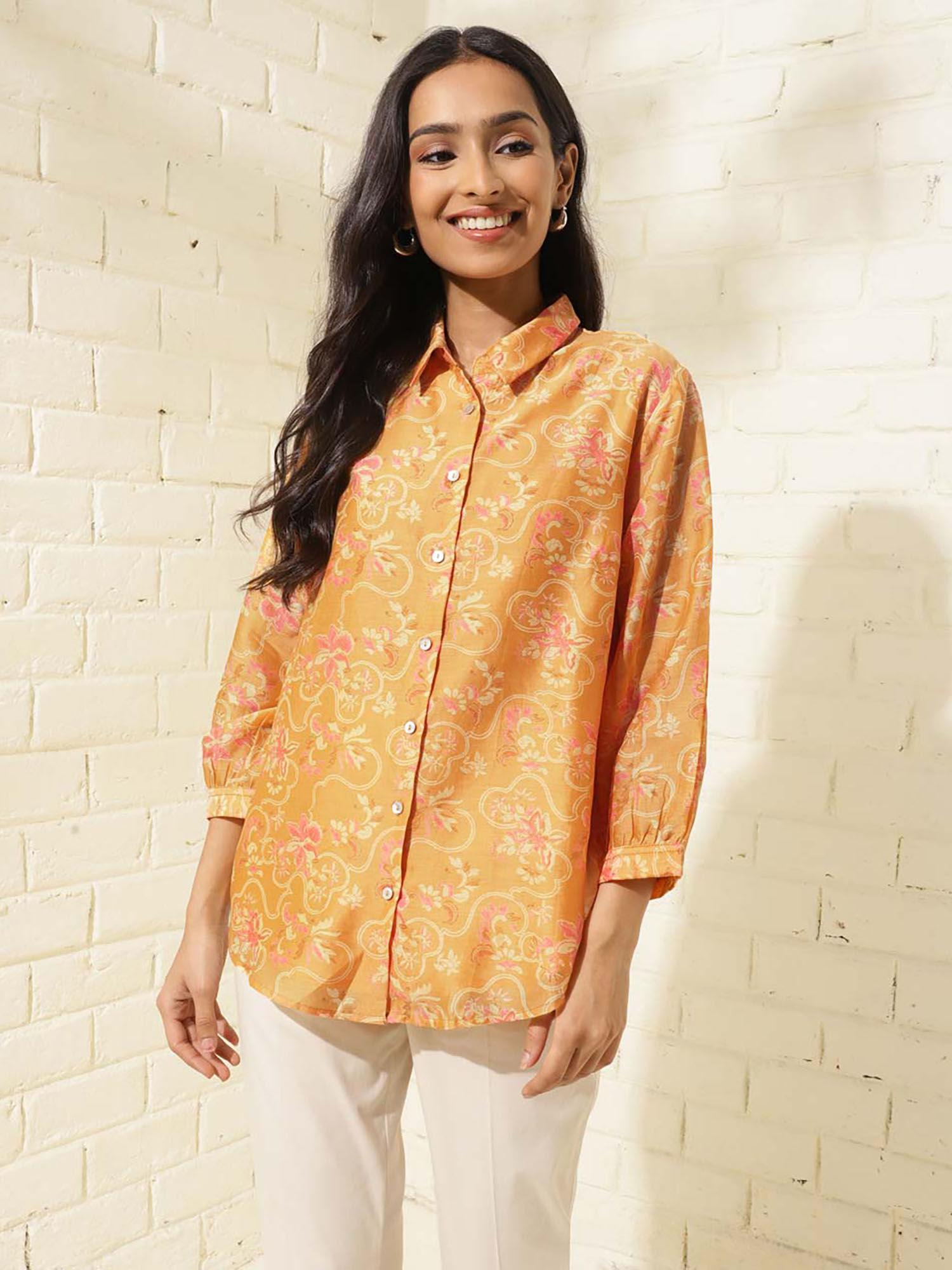 orange cotton silk printed shirt