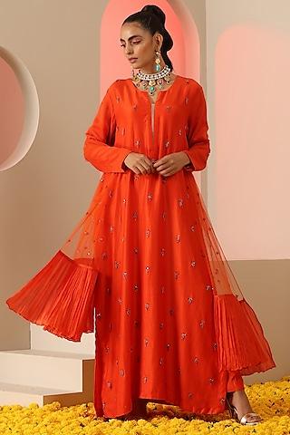orange cotton silk sequins embroidered kurta set for girls