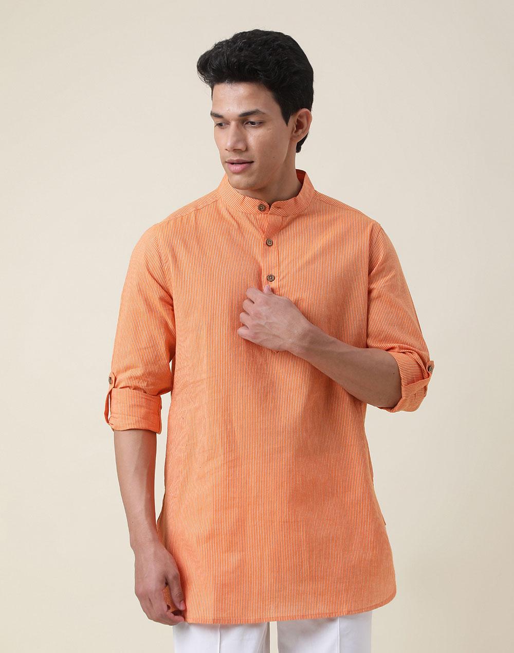 orange cotton slim fit striped short kurta