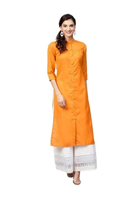 orange cotton solid straight kurta