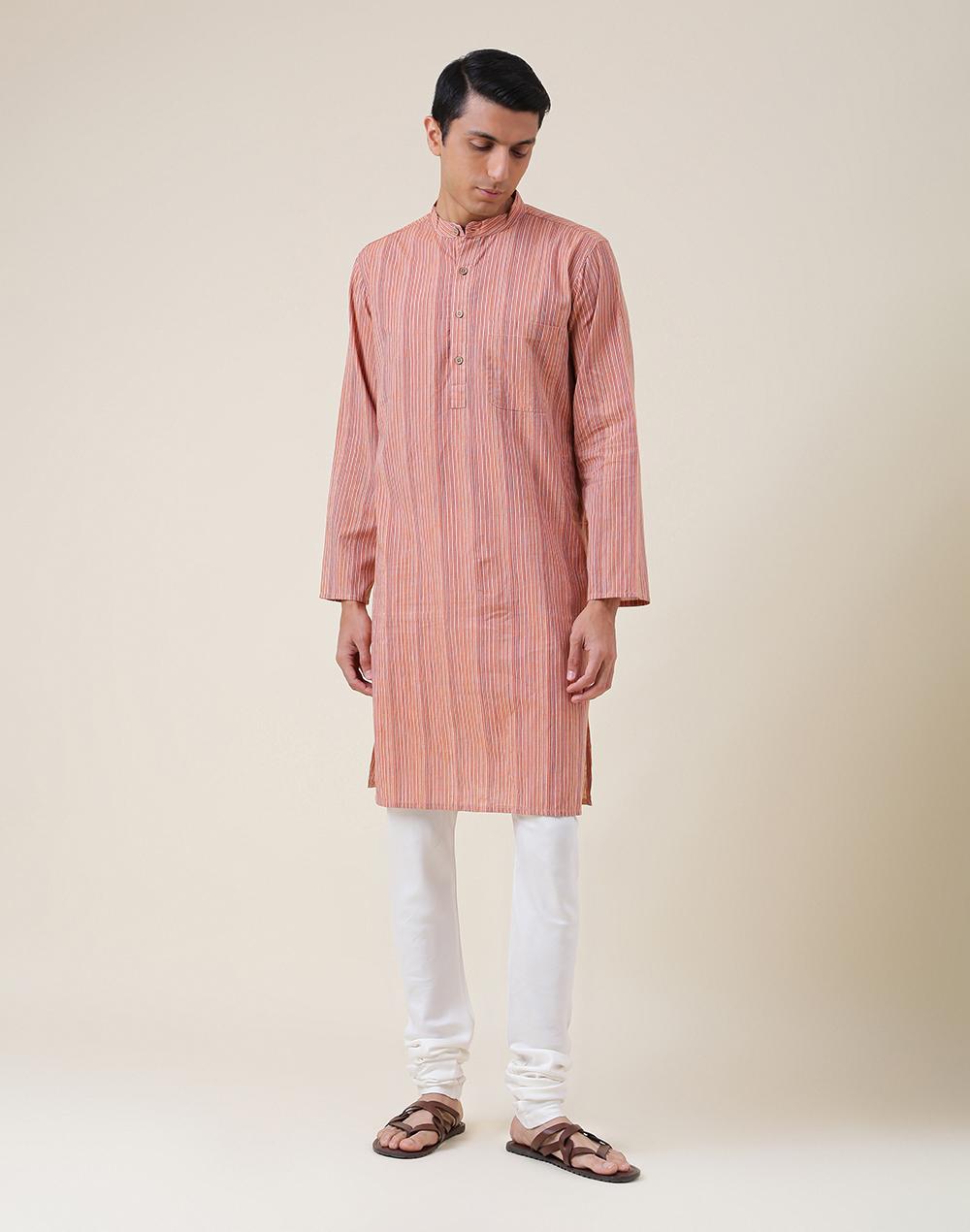 orange cotton striped long kurta