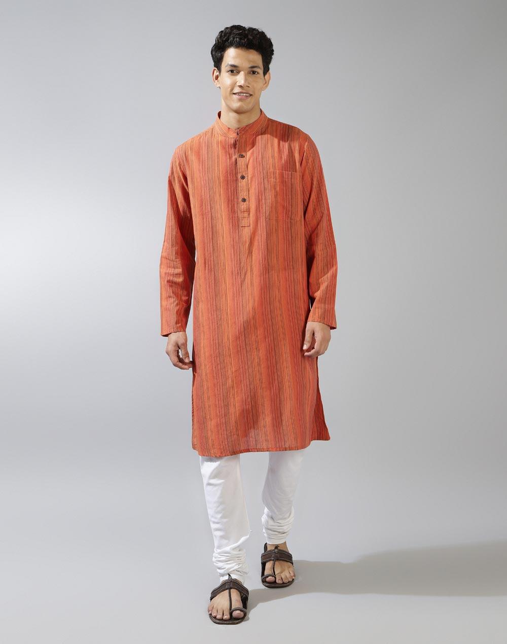 orange cotton striped long kurta